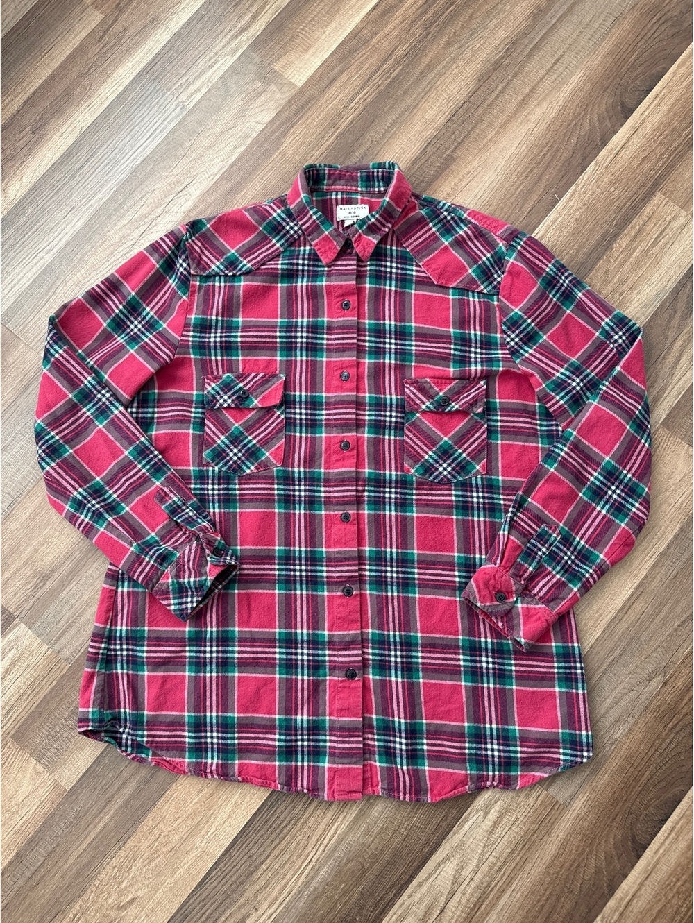 Matchstick Plaid Flannel Shirt XL Patchwork Flower Back Upcycled Overshirt
